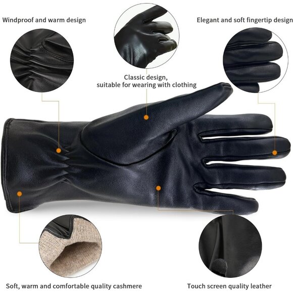 Women’s Leather Gloves Genuine SheepSkin Leather Cold Weather Cashmere Black 2 - Picture 2 of 8